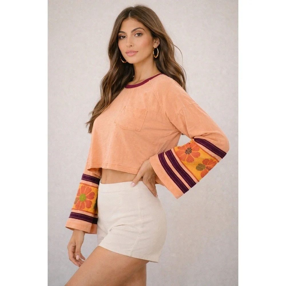 Free People All In‎ Cuff Peach Long Sleeve Cropped Top Size Small